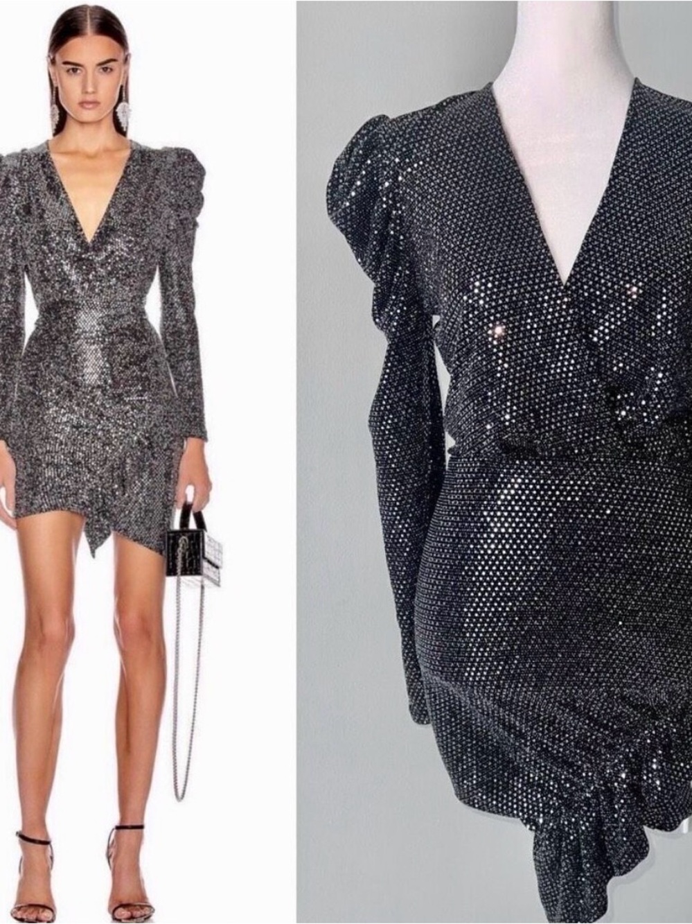 IRO LouLou Sequin V-Neck Long Sleeve Party Dress - Black-NWOT